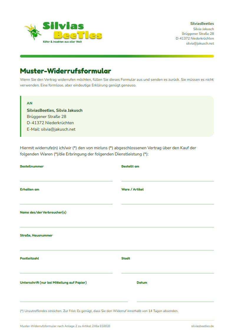 Vorschau des Muster-Widerrufsformulars: Briefkopf SilviasBeetles, Anschrift, Felder f&uuml;r Bestelldatum, Name, Anschrift, Unterschrift und Datum
