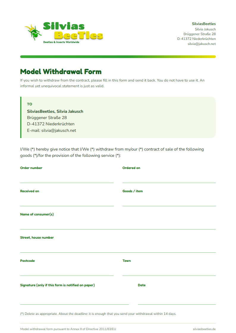 Preview of the model withdrawal form: SilviasBeetles letterhead, address, fields for order date, name, address, signature and date